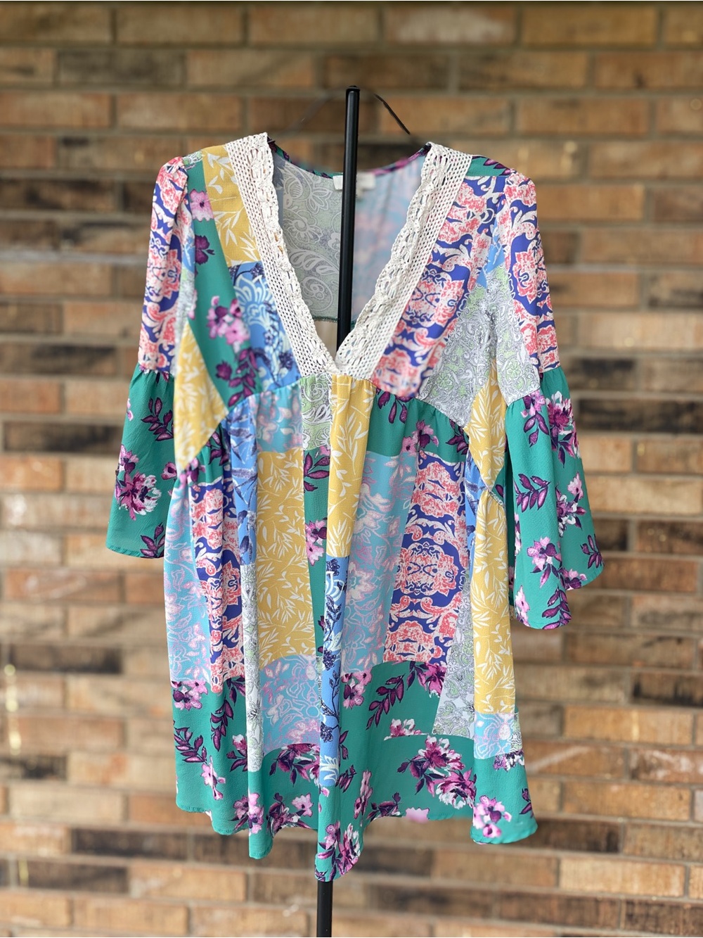 Umgee Teal Multi Floral Patchwork V-Neck Tunic with Lace Trim